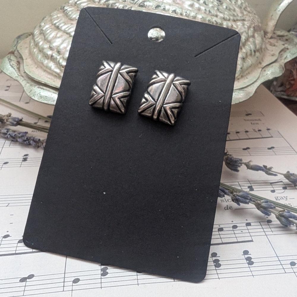 Silver Geometric Stud Earrings - Picture 2 of 7